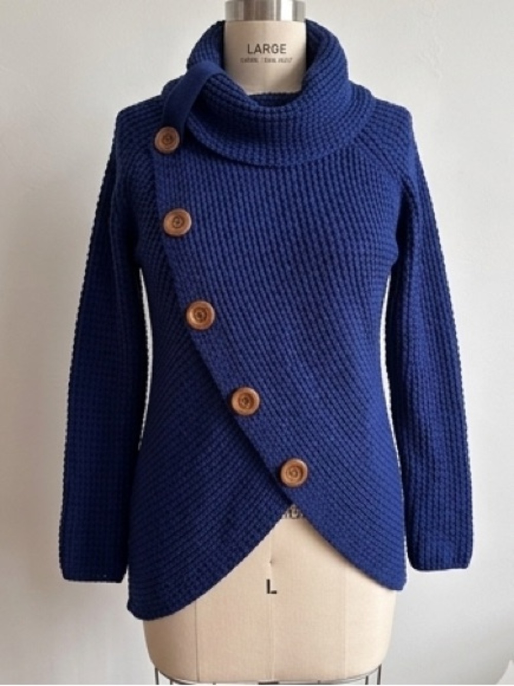 Cozy Deep Blue Asymmetrical Button Turtleneck Sweater